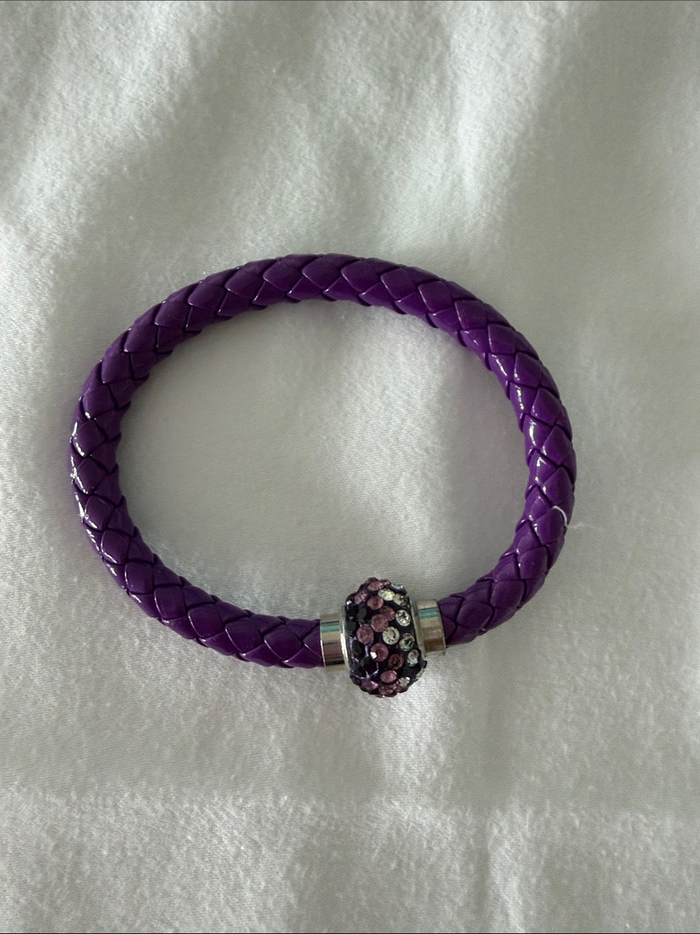 Purple Braided Leather Bracelet with Sparkling Bead